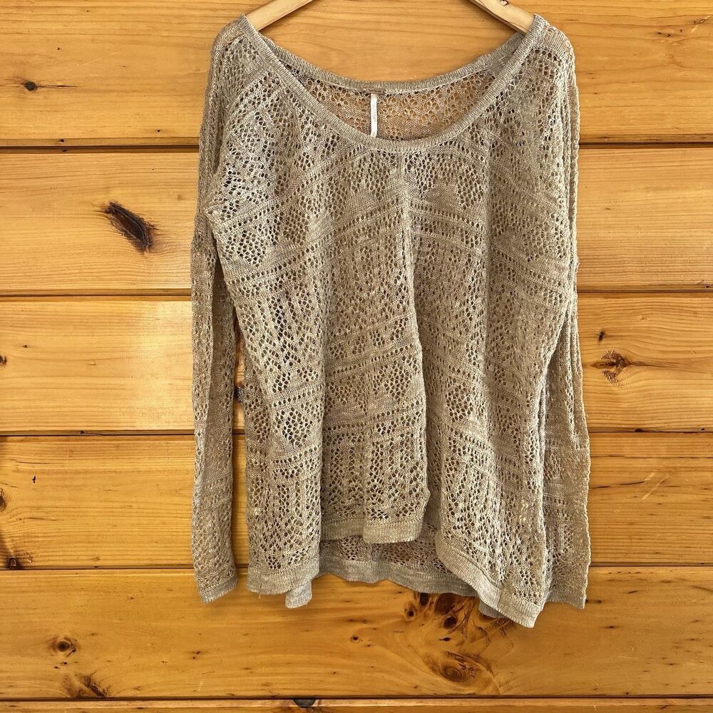 Free People Natural Waterfalls Long Sleeve Knit Crochet Blouse Tan Womens Size S
